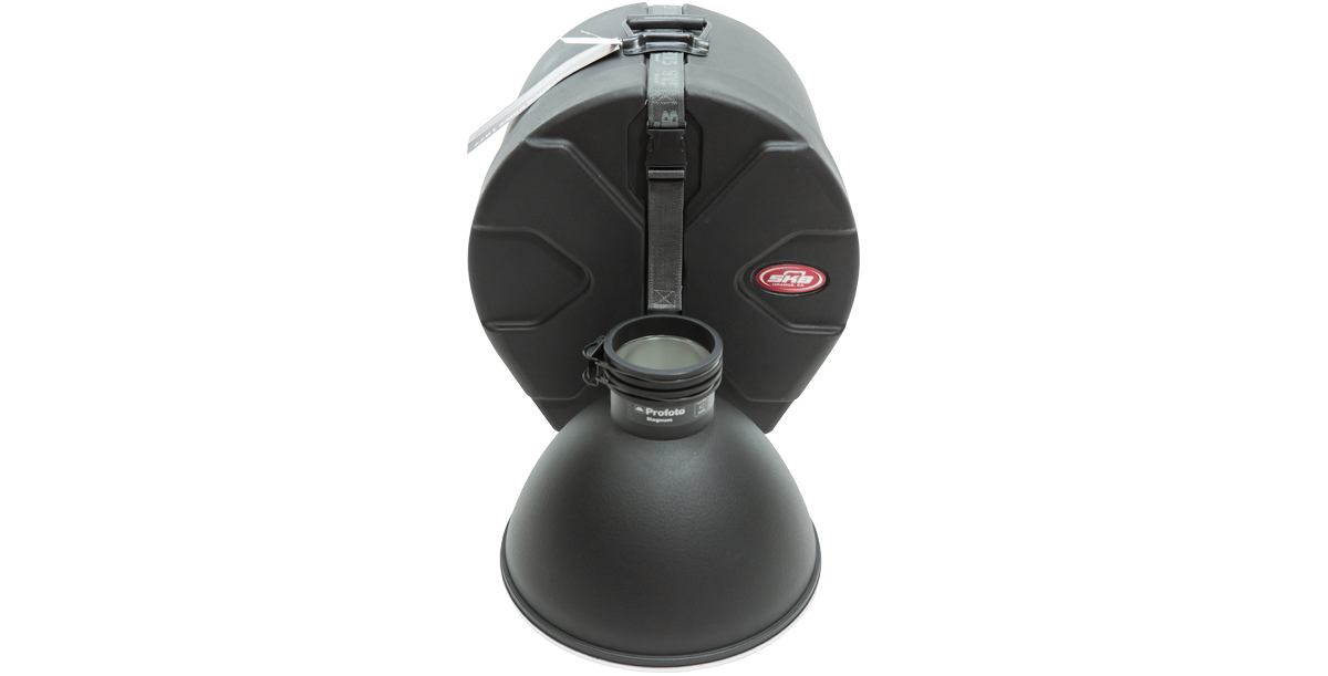 12 x 12 Drum Case - Durable Roto-Molded with drum accessory placed in front, emphasizing compatibility and secure fit.