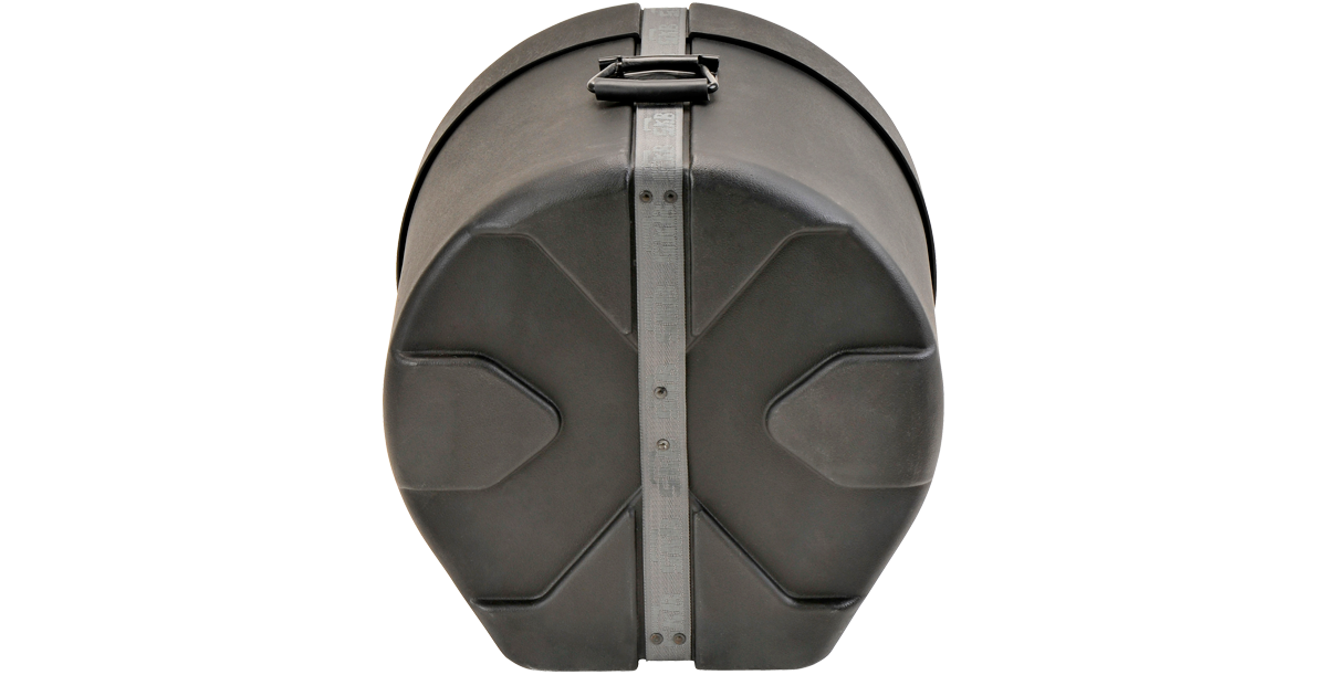 Back view of Roto-molded Tom Drum Case 14 x 16 showing reinforced structure and heavy-duty strap for secure closure and vertical positioning.