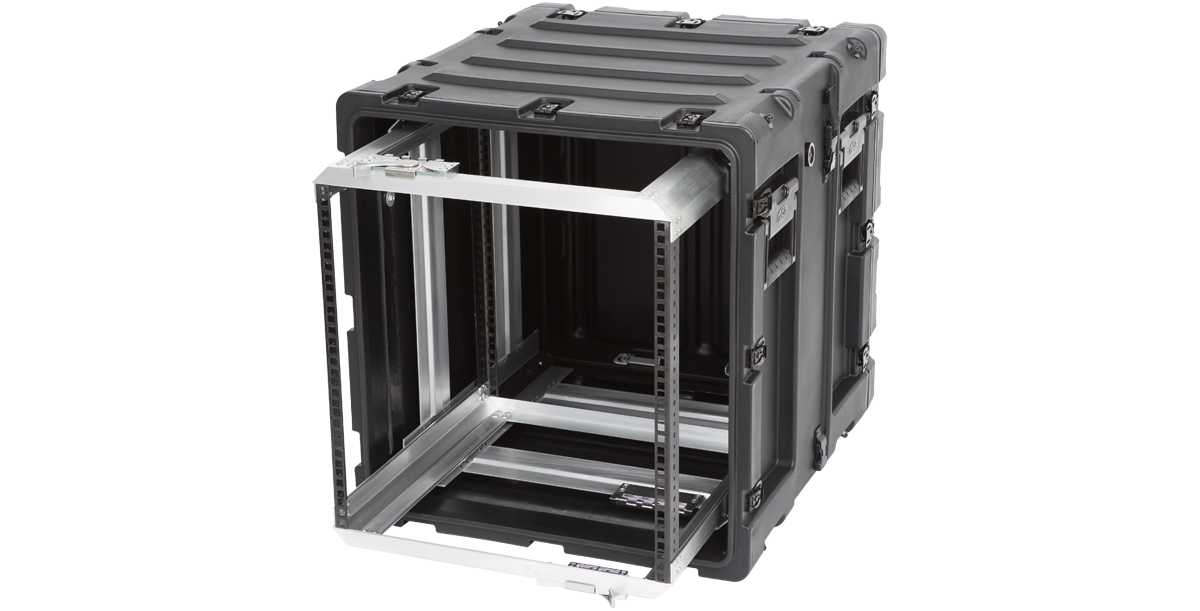Side angle of open 11U shockproof rack, showing reinforced handles and shock-absorbing frame for safe equipment transport.