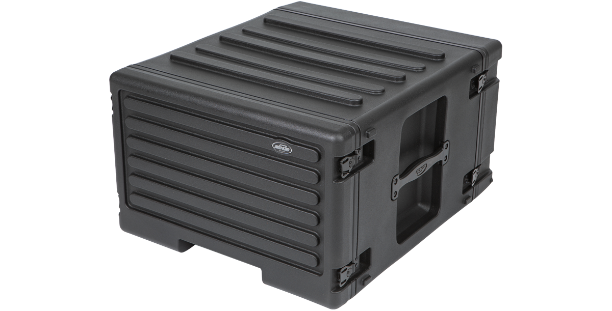Rear angled view of 6U Rolling Rack - Durable and Portable Storage, showing secure latches and molded exterior.