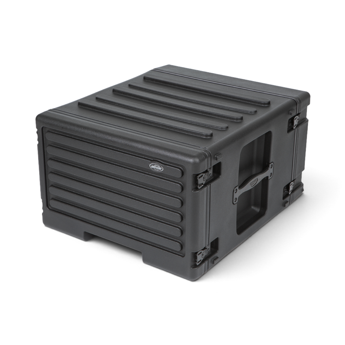 Rear angled view of 6U Rolling Rack - Durable and Portable Storage, showing secure latches and molded exterior.