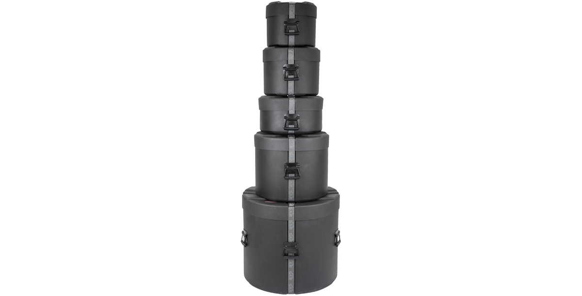 SKB Drum Package - Ultimate Drum Case Set in a tall vertical stack, showcasing space-saving design and reinforced latches for secure stacking.