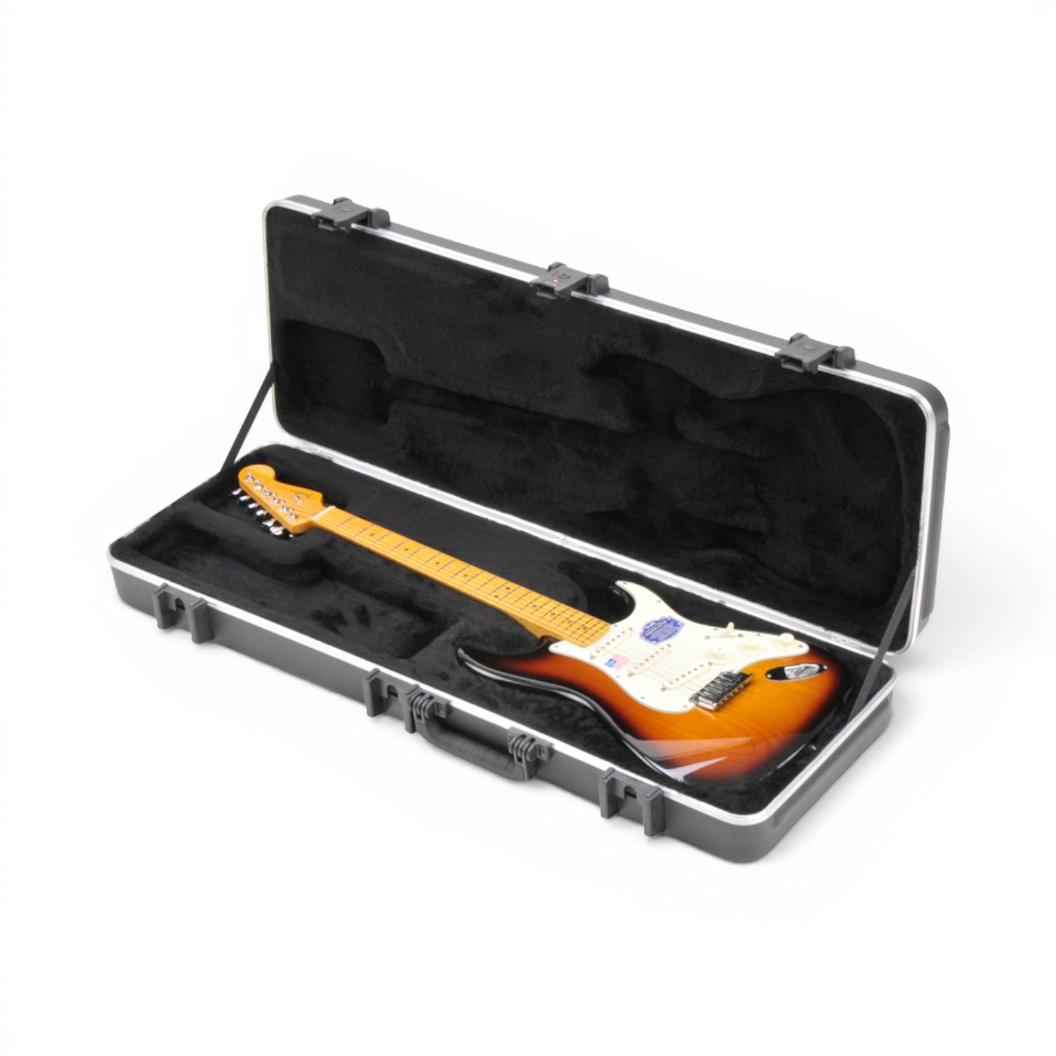Durable SKB Pro Electric Guitar Case shown open with Stratocaster-style guitar inside, featuring TSA-approved locking latches.