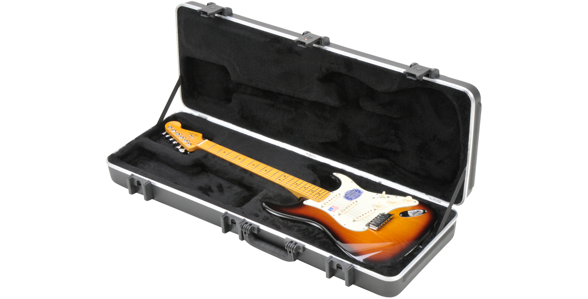 Durable SKB Pro Electric Guitar Case shown open with Stratocaster-style guitar inside, featuring TSA-approved locking latches.