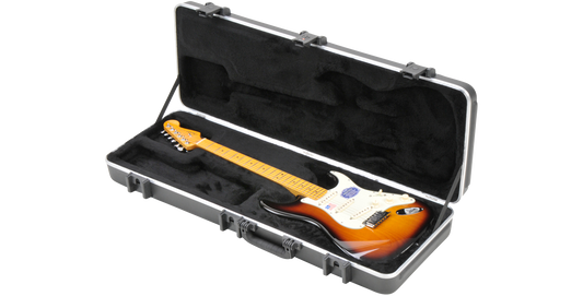 Durable SKB Pro Electric Guitar Case shown open with Stratocaster-style guitar inside, featuring TSA-approved locking latches.