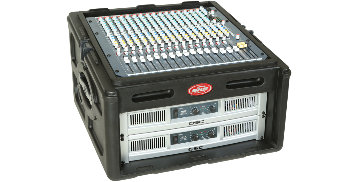 Compact Rack Case - 10U Slanted angled view with mixer and QSC amplifiers, built for rugged use in DJ and AV professional setups.