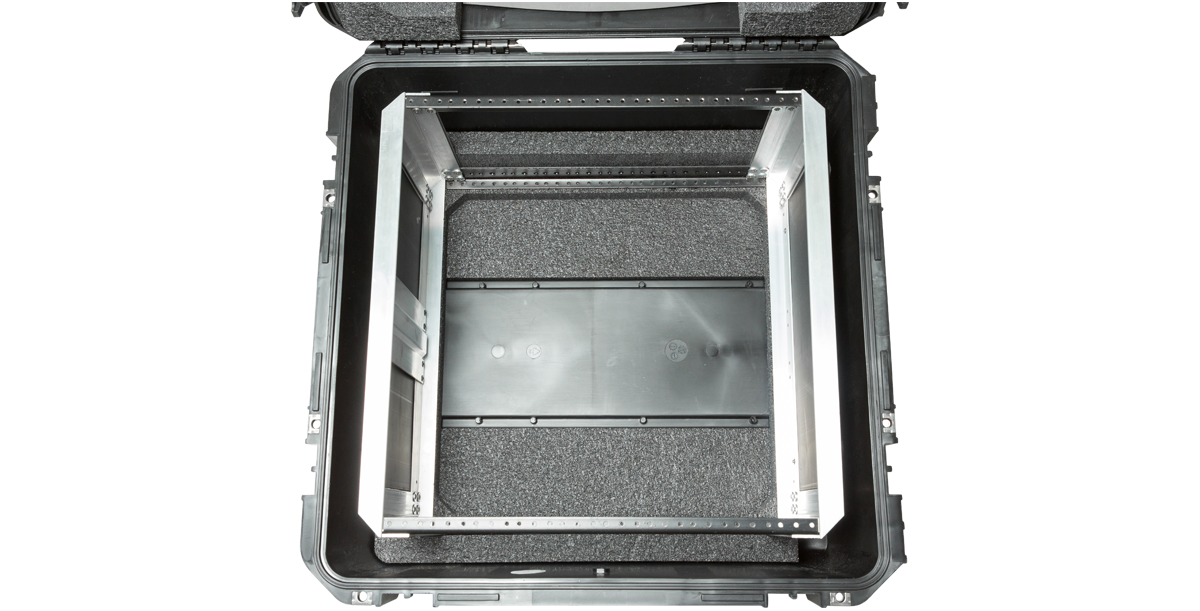Top-down view of 10U Shock Rack iSeries Fly Rack interior, featuring aluminum rack frame and protective foam insert.