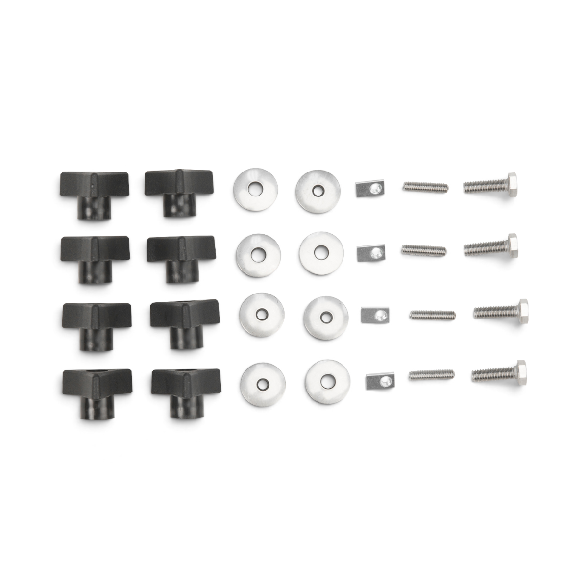 SKB Cases iSeries Overland mounting hardware kit with black knobs, metal washers, bolts, and T-nuts for roof racks.