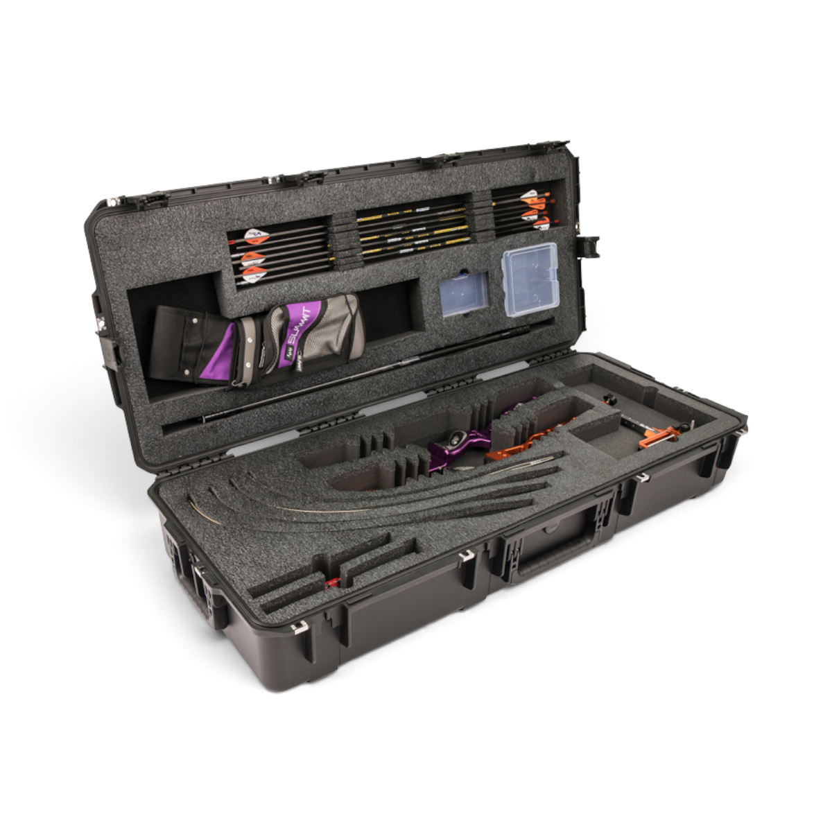 SKB Cases iSeries 4217-7 double recurve bow case with foam interior holding bows, arrows, and archery accessories