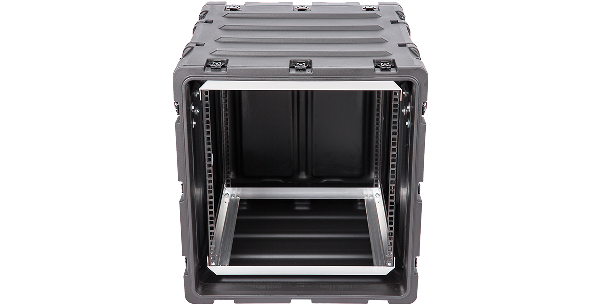 Direct front view of 11U 20-inch Shock Rack Case emphasizing its shock-absorbing frame and secure mounting rails for electronics.