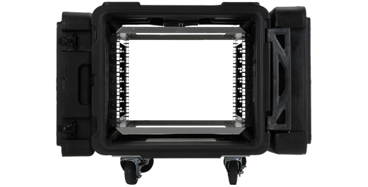 Front view of 28-Inch Shock Rack with adjustable rails and deep interior, ideal for Dell and Compaq server protection in IT environments.