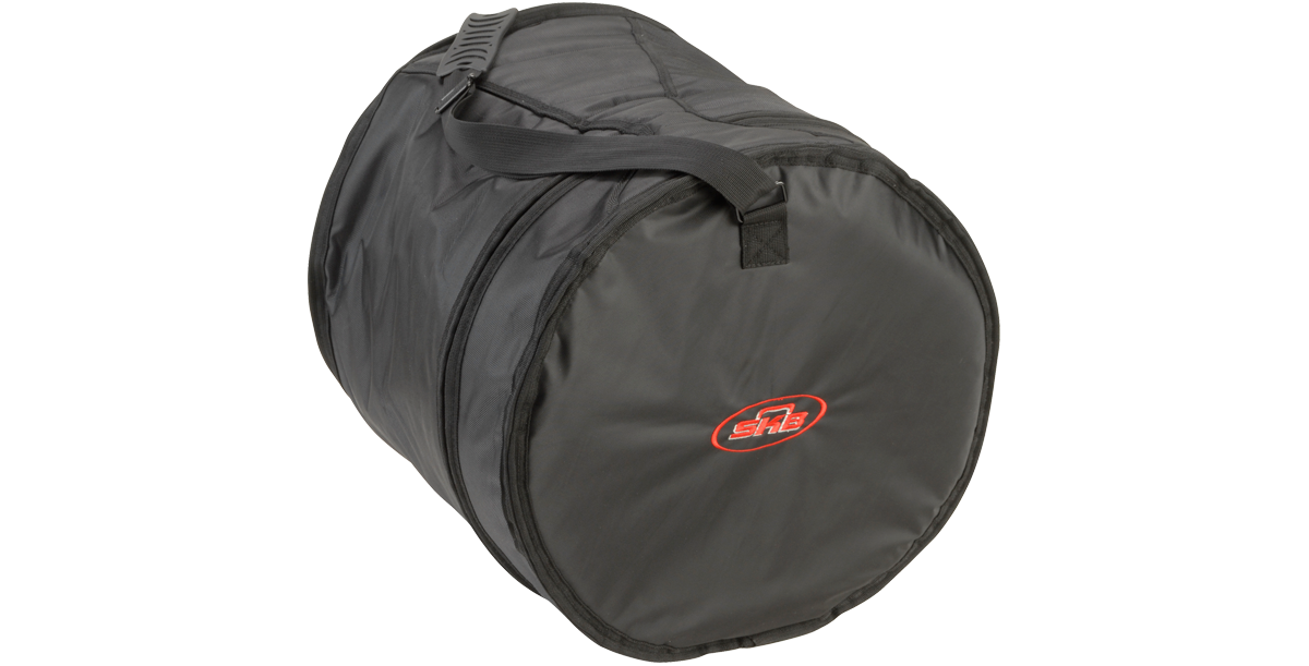 Angled view of 14x14 Drum Gig Bag showing padded cylindrical design and red logo, perfect for safeguarding tom drums during travel.
