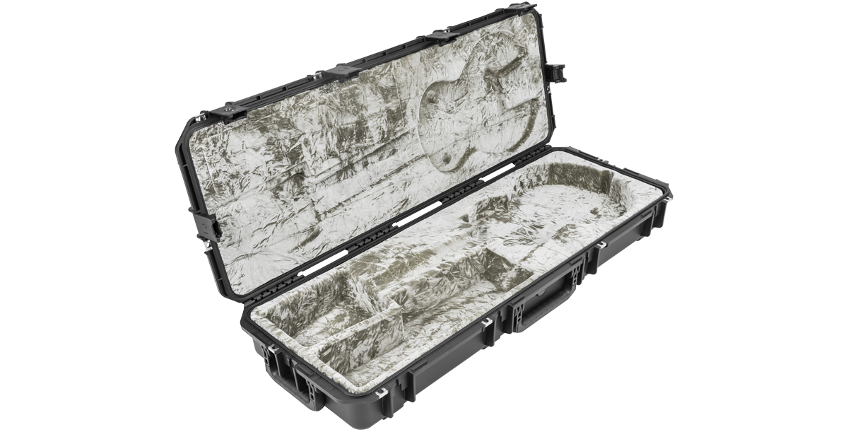 Angled open view of SKB iSeries Guitar Case - Les Paul Waterproof showing interior compartments and neck support.