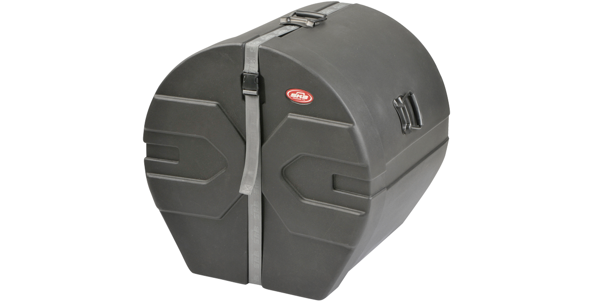 Angled side view of 18 x 22 padded bass drum case featuring rugged roto-molded design and secure strap closure for easy transport.