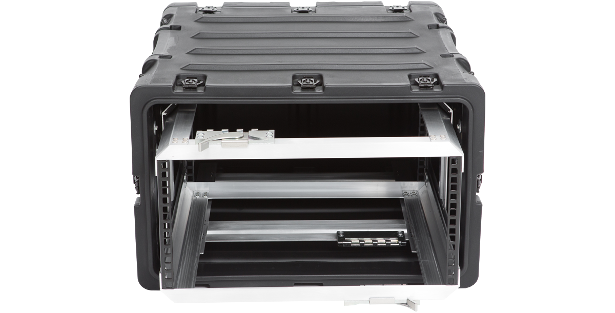 Interior view of 5U RR Series 20-inch removable shock rack showing dual mounting rails and shock-absorbing frame.
