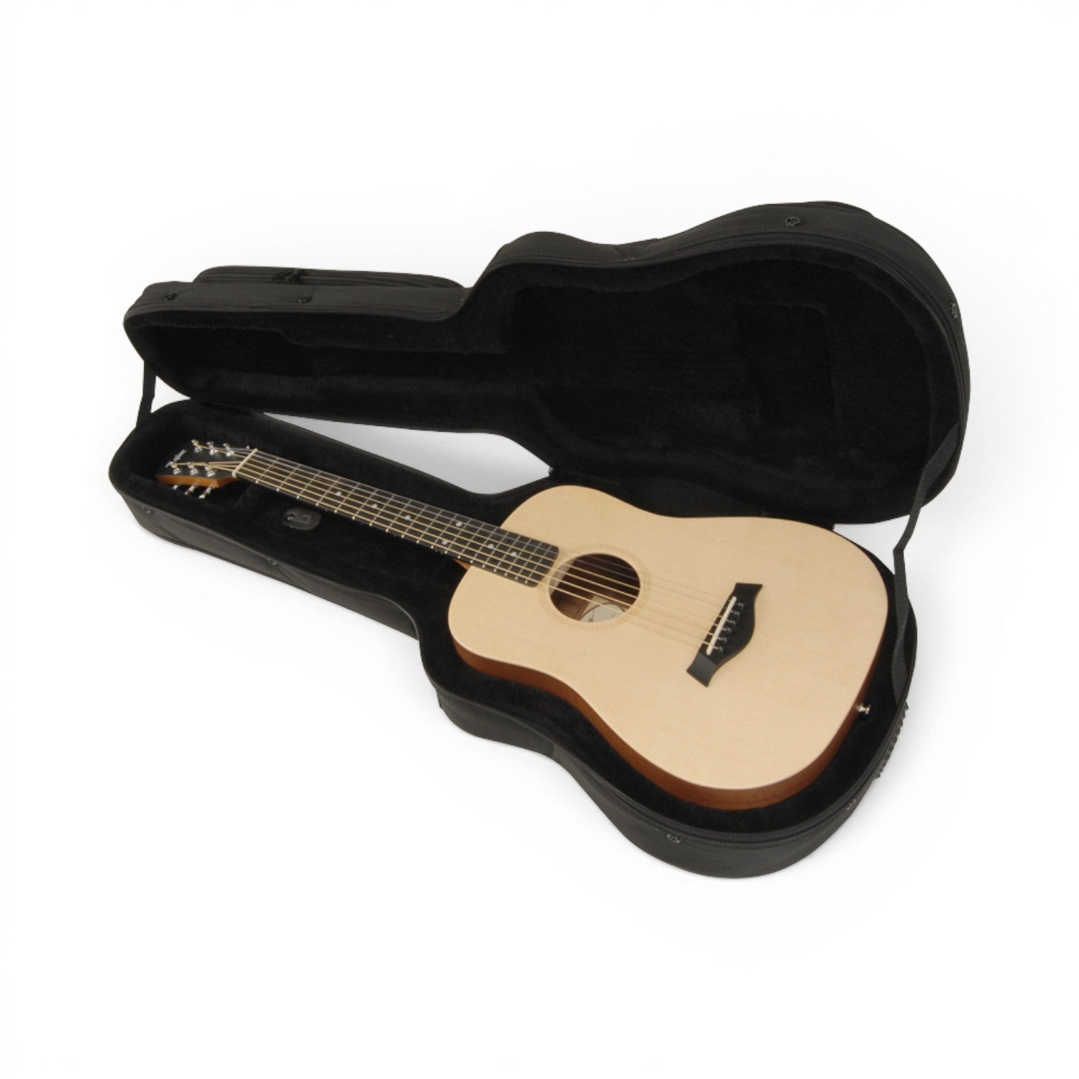 Baby Taylor acoustic guitar inside Soft Case for Baby Taylor/Martin LX, showcasing secure fit and protective plush lining.