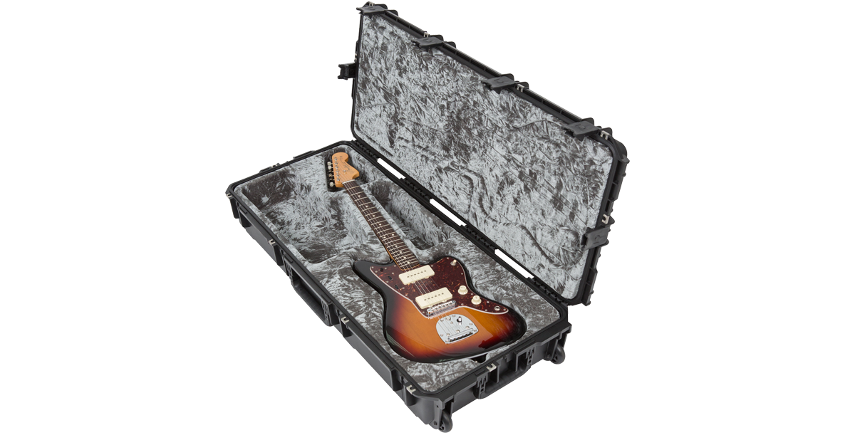 Sunburst Jazzmaster guitar in SKB iSeries waterproof case, featuring military-grade construction and custom foam support.