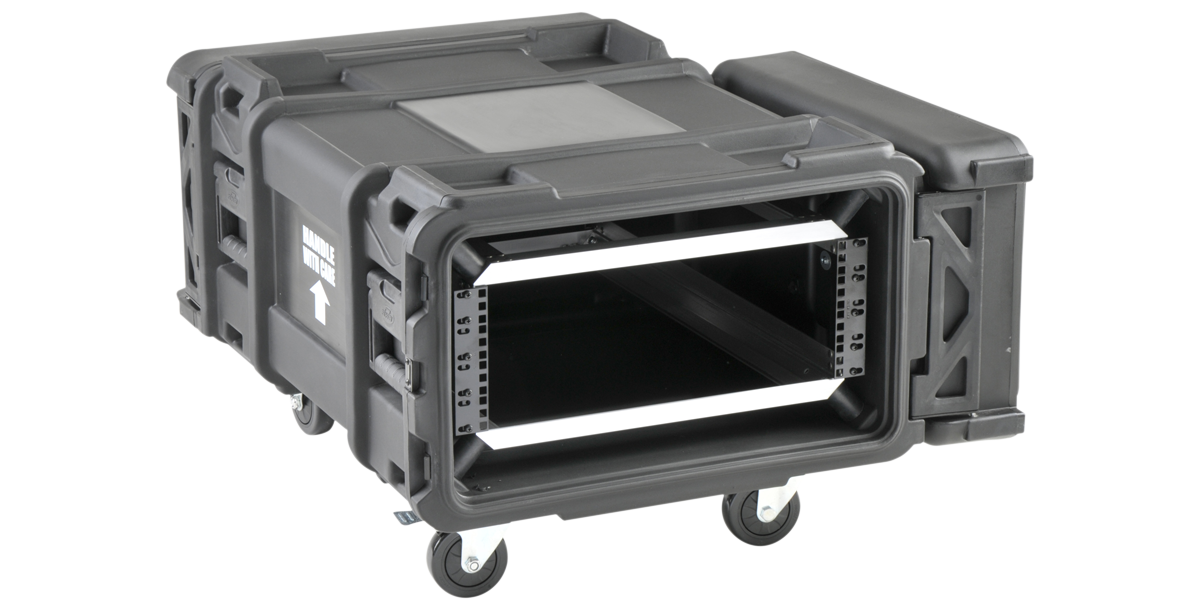 Angled view of 4U 28-Inch rSeries Shock Rack with one lid removed, revealing internal rackmount space and rugged construction for heavy-duty use.