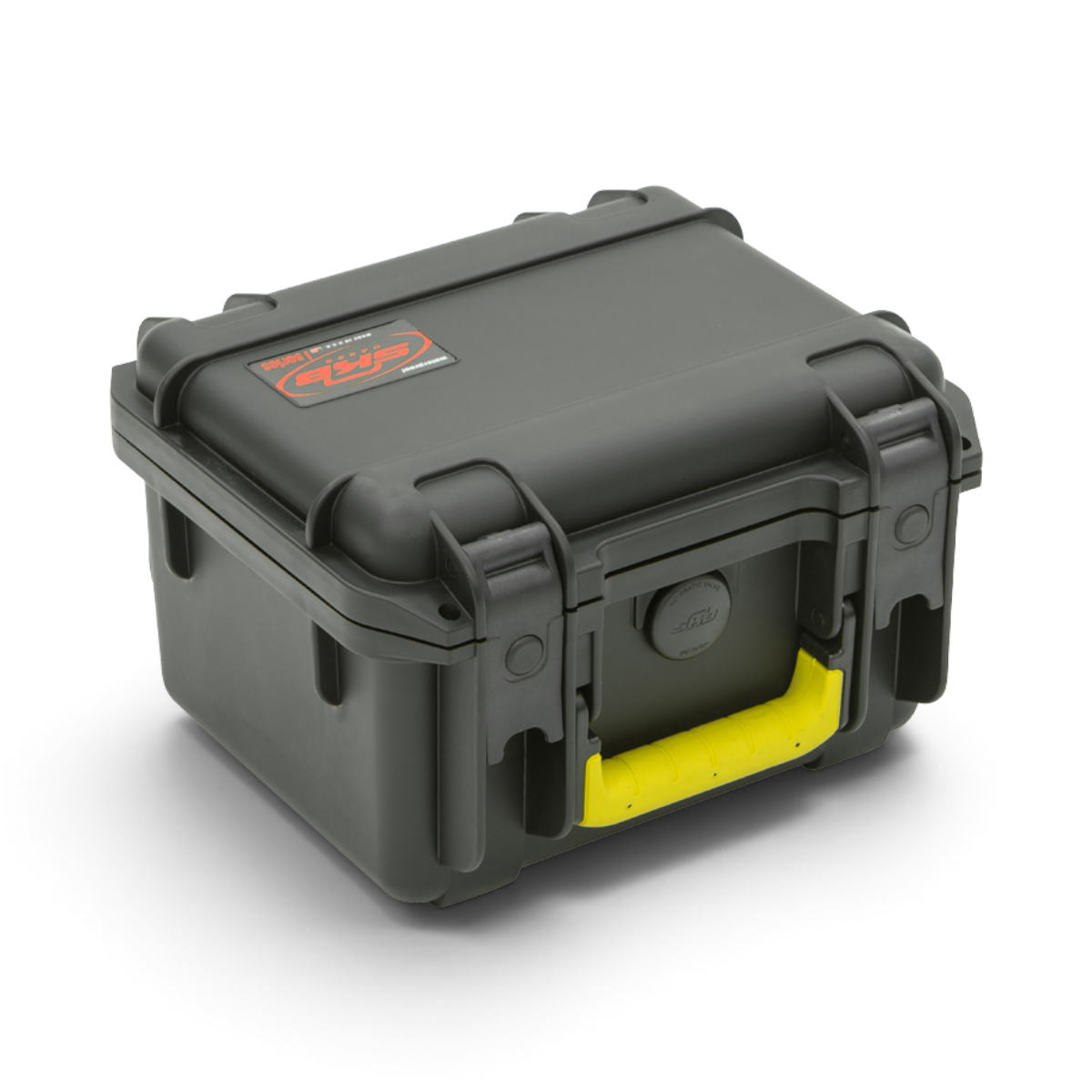 SKB Cases iSeries 0907-6 black waterproof lure case with a yellow handle and secure trigger latch system.