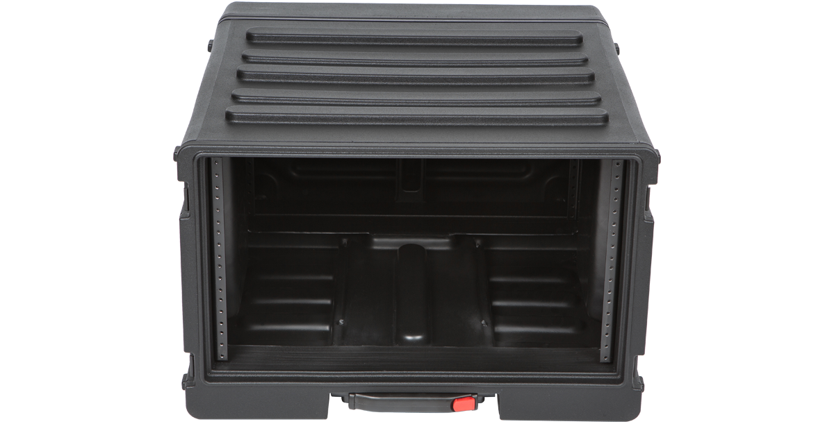 Straight-on front view of SKB 6U Rolling Rack showing deep rack space and reinforced interior for pro audio gear.