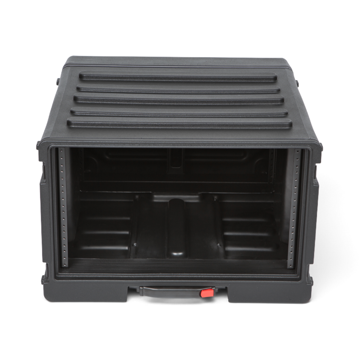 Straight-on front view of SKB 6U Rolling Rack showing deep rack space and reinforced interior for pro audio gear.
