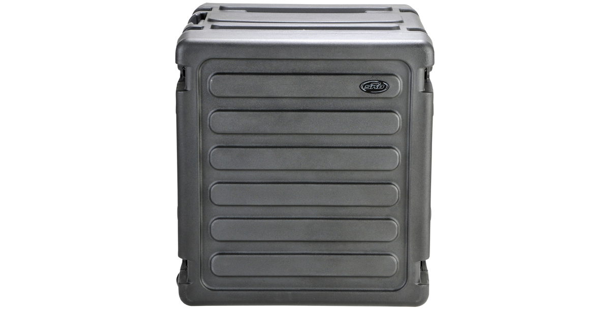 Front view of 20-Inch Rolling Shock Rack with durable black exterior and stackable design for portable equipment storage.