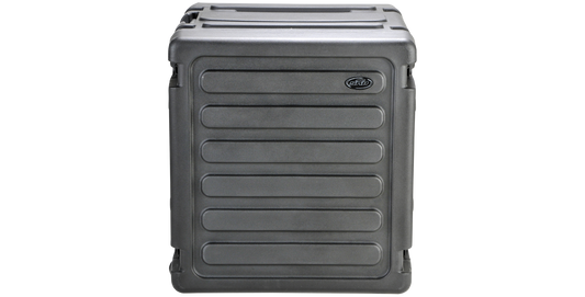 Front view of 20-Inch Rolling Shock Rack with durable black exterior and stackable design for portable equipment storage.