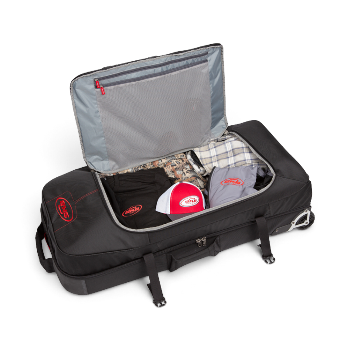 SKB Cases Bow Traveler black rolling gear bag with open top compartment containing clothing and a branded baseball cap
