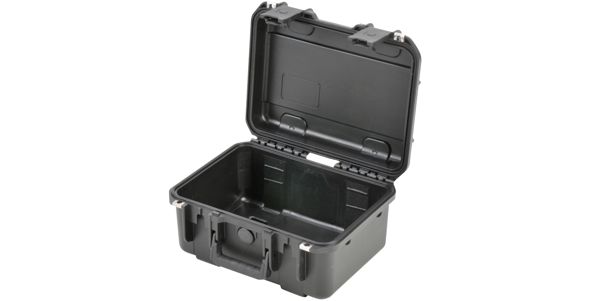 Angled open view of iSeries 1309-6 case with molded-in hinge and Trigger Latch® System for reliable waterproof sealing.