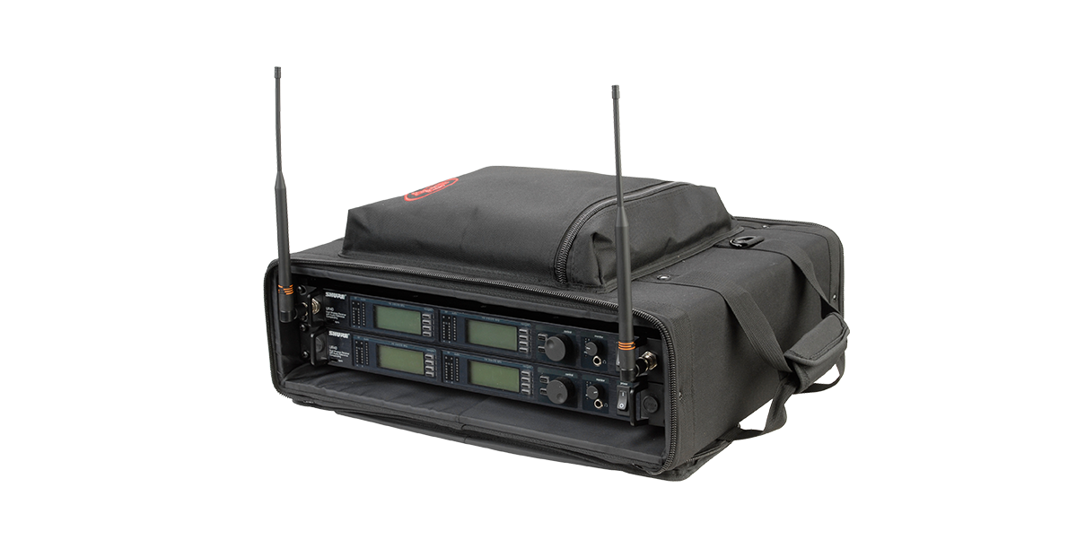 Angled view of 2U Rack Soft Case for Wireless Microphone Systems featuring side handle, antennas, and protective padding.