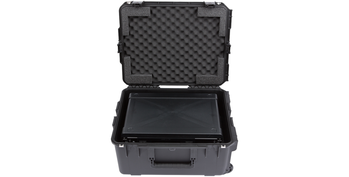 Open iSeries case with foam interior and 3U Fly Rack inside, offering shock protection and compact storage for audio gear.