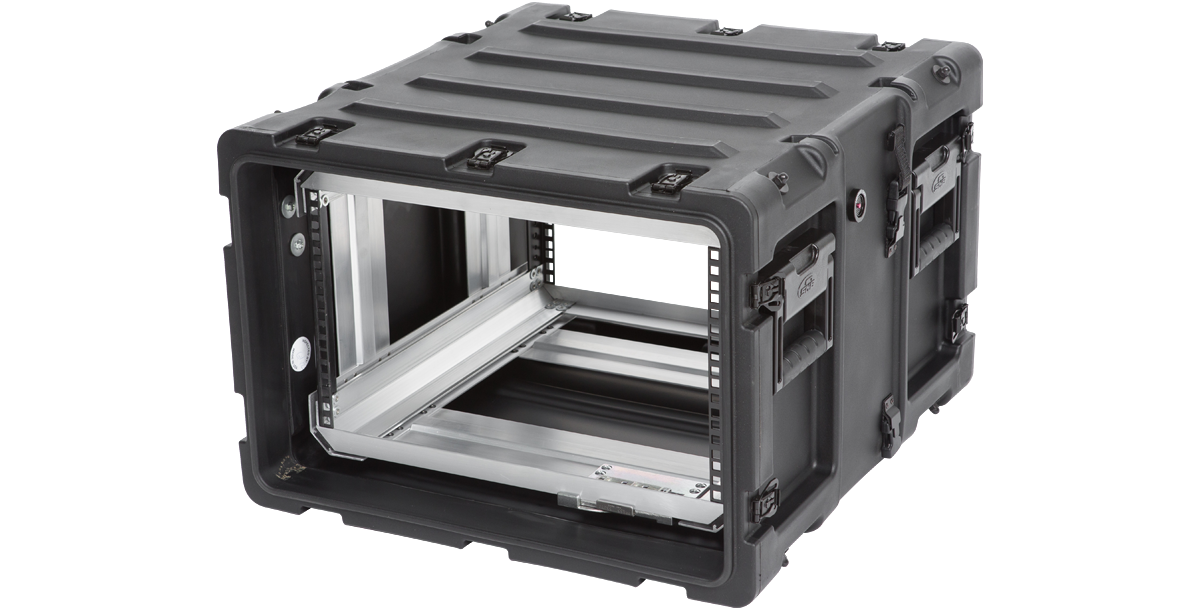 Angled front view of 6U RR Series Rack - 20-inch Deep Shock Rack featuring shock-mounted aluminum frame and secure latches.