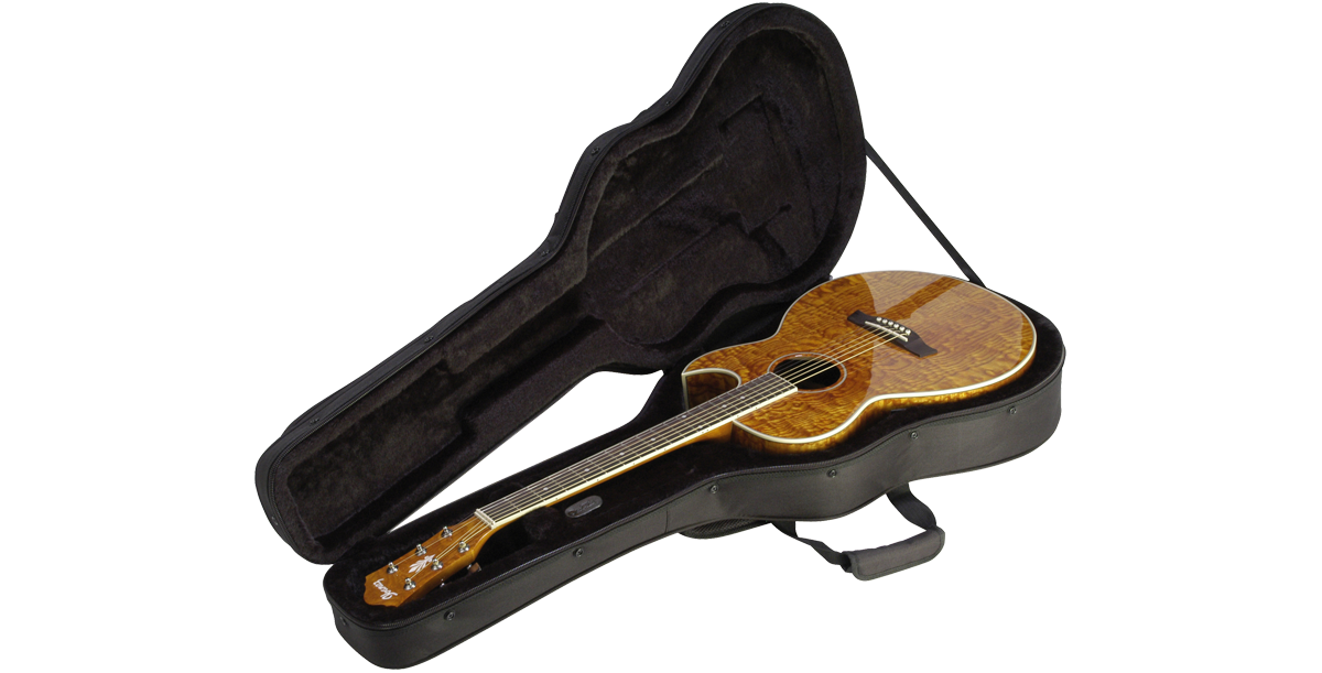 Open Thin-line Acoustic Guitar Soft Case with guitar inside, displaying custom-fit interior and secure foam padding.