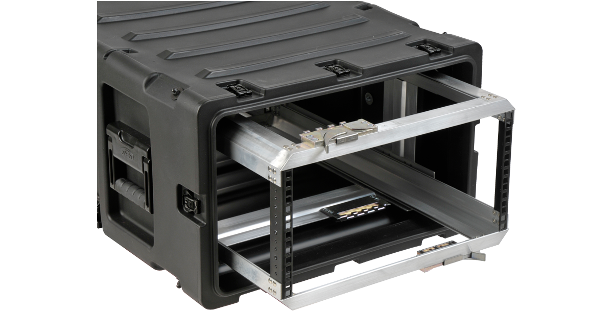 Open 5U 30-inch rack with visible shock-absorbing mounts and removable aluminum chassis for secure gear installation.
