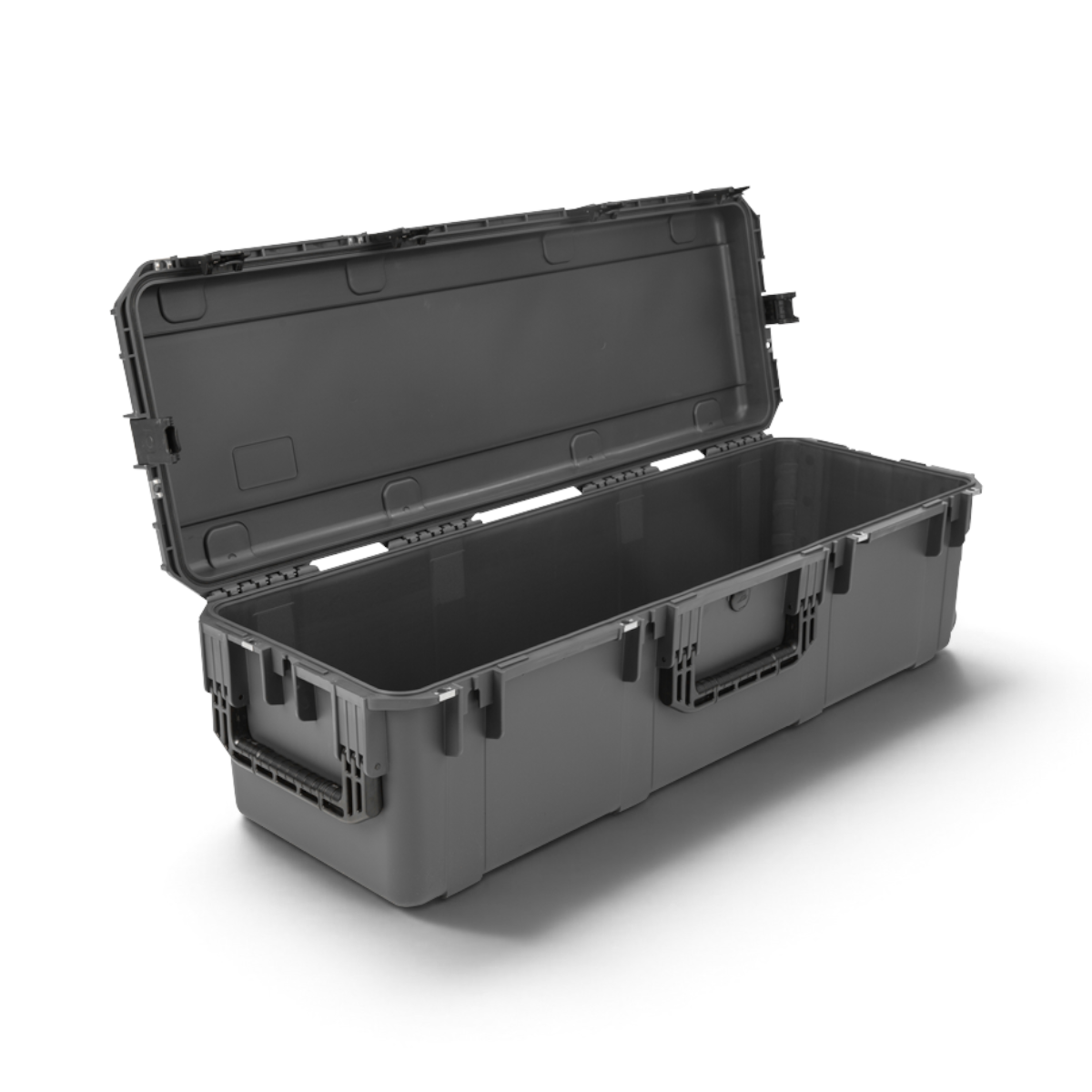 SKB Cases iSeries 4213-12 charcoal grey waterproof overland storage case with open lid and heavy-duty latches