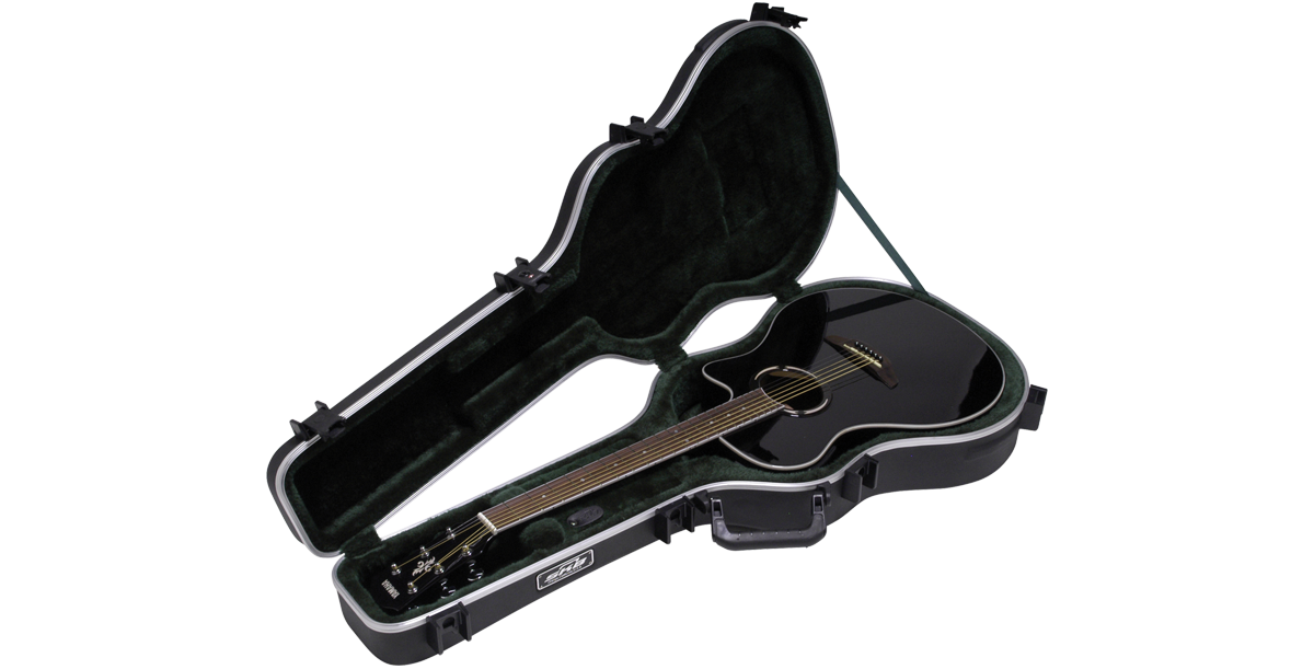 Interior view of Deluxe Guitar Case for AE & Classical guitars with black acoustic-electric guitar, showcasing plush lining and neck support.