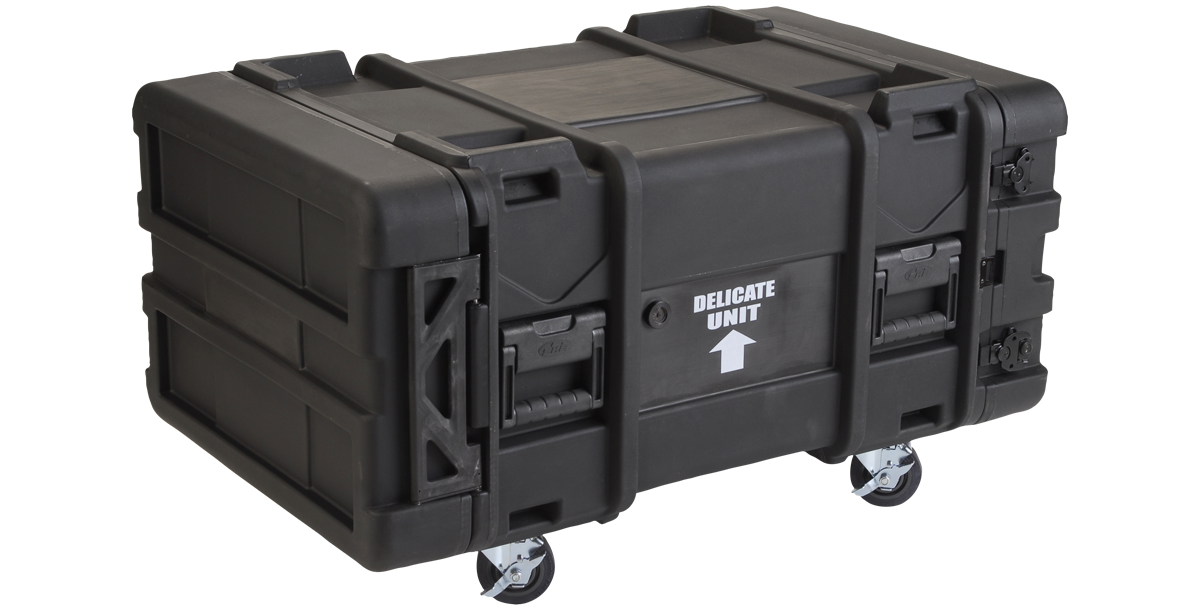 Rear angled view of 6U Deep rSeries Shock Rack Case with 'Delicate Unit' label, built for secure server and rackmount equipment storage.