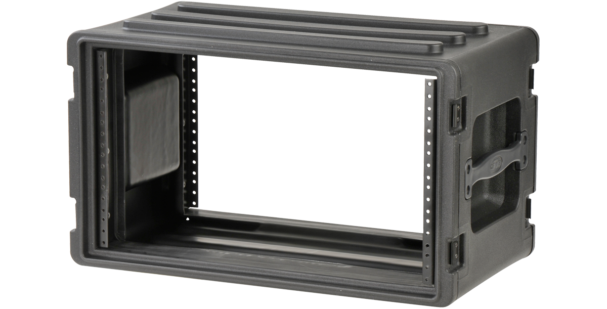 Side angle of 6U Shallow Rack - Durable Design with ergonomic handles and reinforced edges, perfect for stacking and secure transport.
