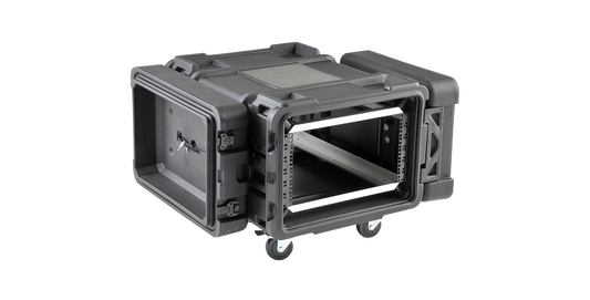 6U 28-inch deep rSeries shock rack with adjustable rail system and dual lid access, ideal for server and IT equipment transport.