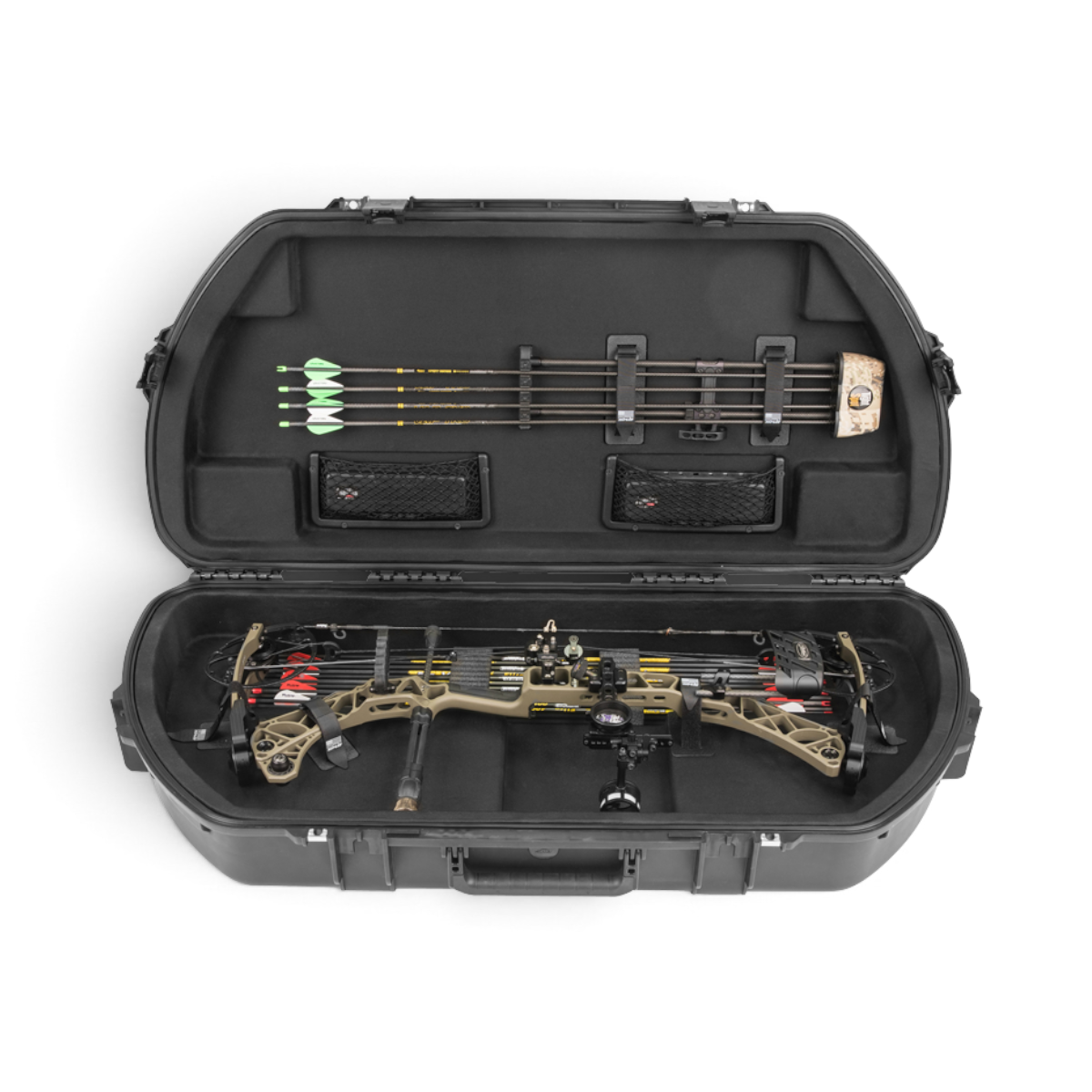 SKB Cases iSeries 4318 waterproof bow case with a compound bow, arrows, and accessory storage pockets inside.