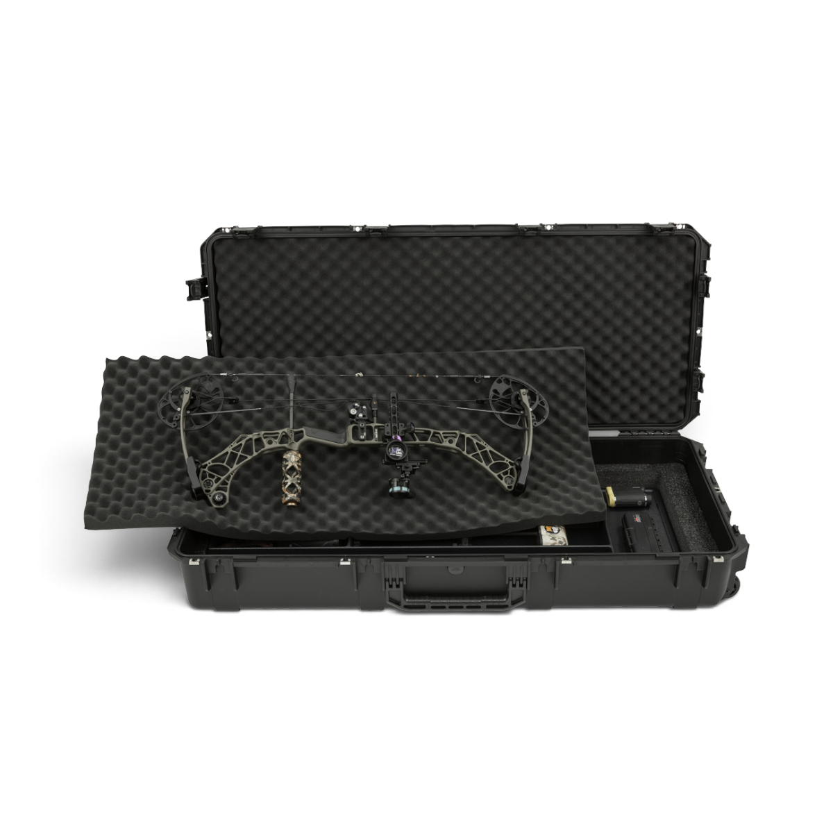 SKB Cases iSeries 4719-8 waterproof bow case with a compound bow resting on a foam divider and accessory tray