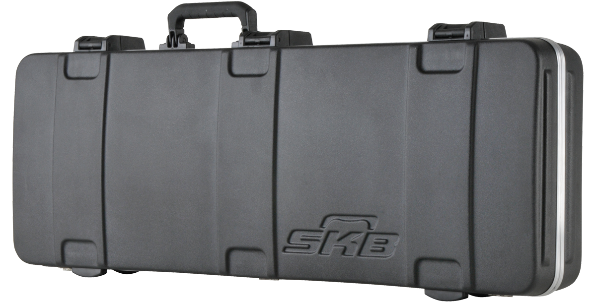 Closed SKB Pro Guitar Case with TSA Locks, rugged exterior shell and molded SKB logo for secure electric guitar transport.