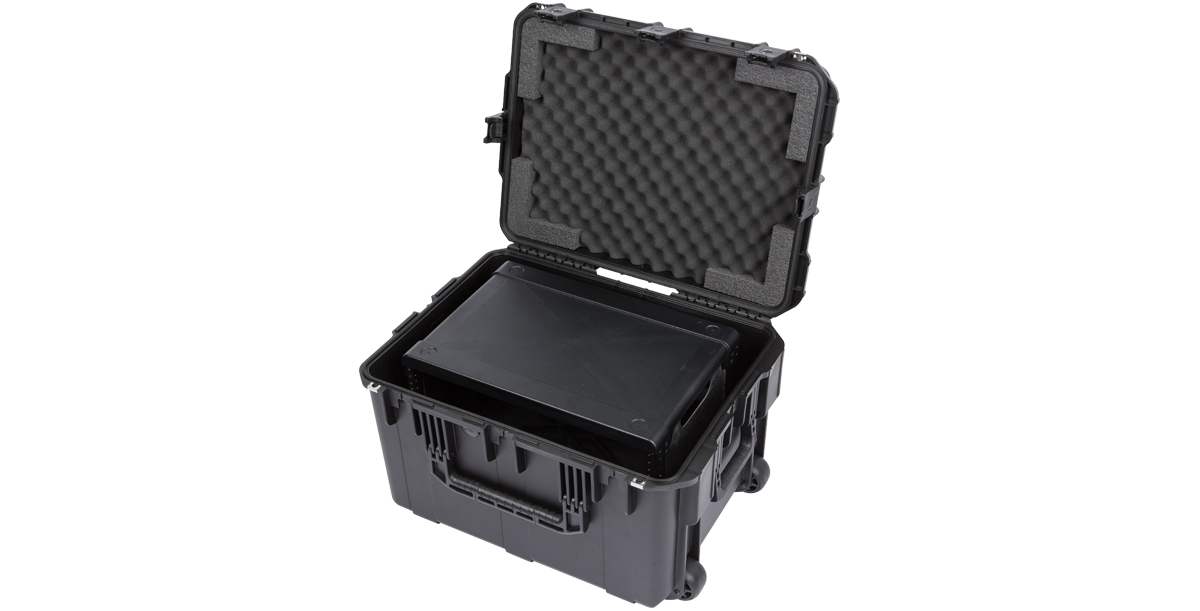 Durable Wireless Mic Fly Rack - 4U Molded Case shown with angled internal rack mount. Travel-ready design with protective foam lining.
