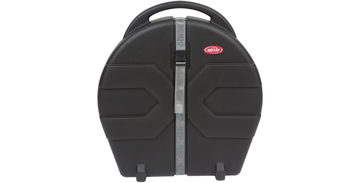 Front view of Rolling Cymbal Vault showing secure strap closure and rugged exterior for protecting cymbals during travel or storage.