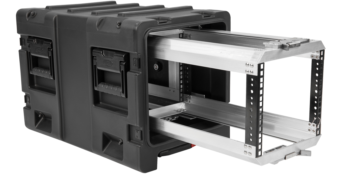 Open 20-inch Shock Rack Case by SKB featuring reinforced aluminum rails and deep interior for pro-audio or electronic equipment.