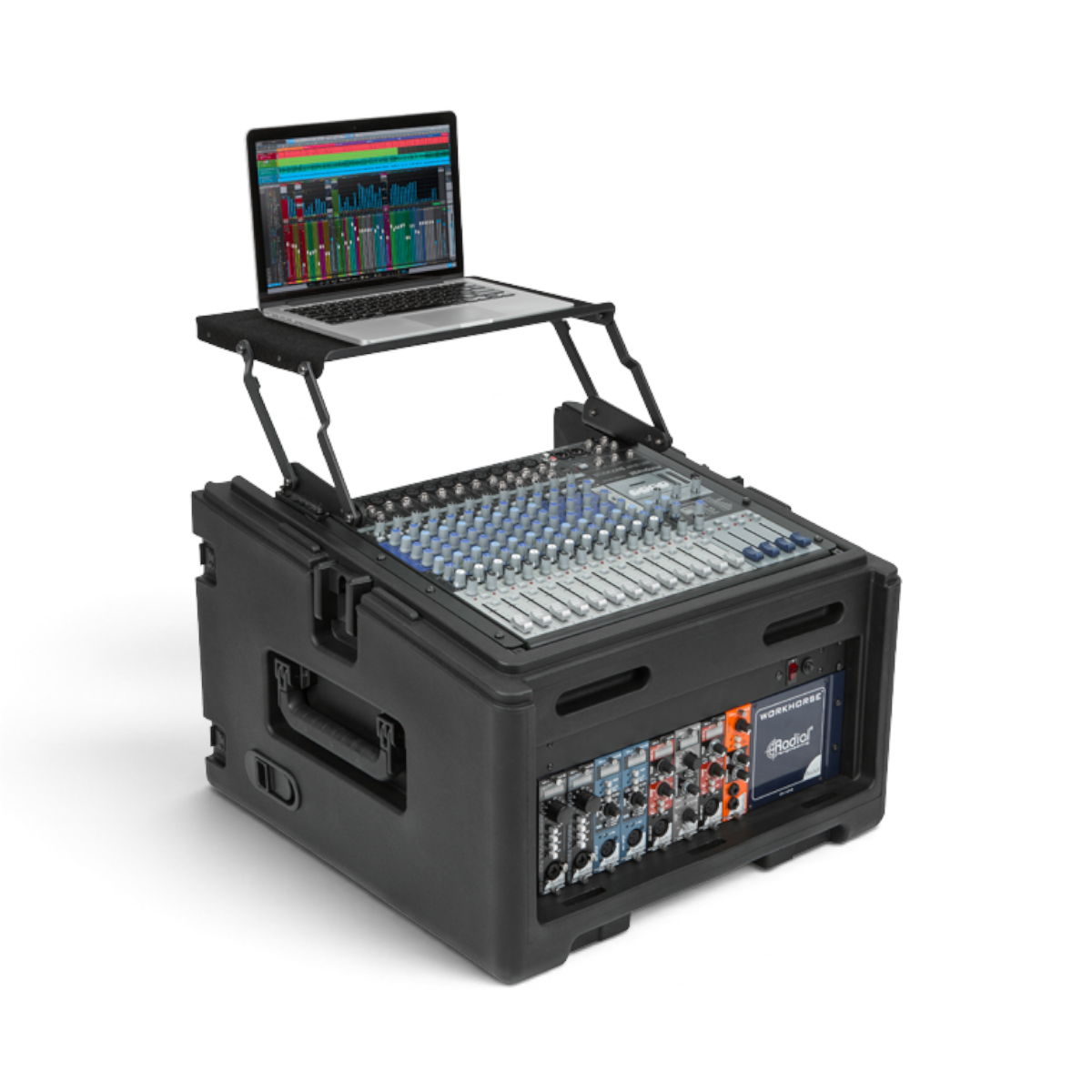 Travel-ready rolling compact rig featuring 10U mixer, 4U rack, and laptop tray with DAW interface. Perfect for mobile audio professionals.