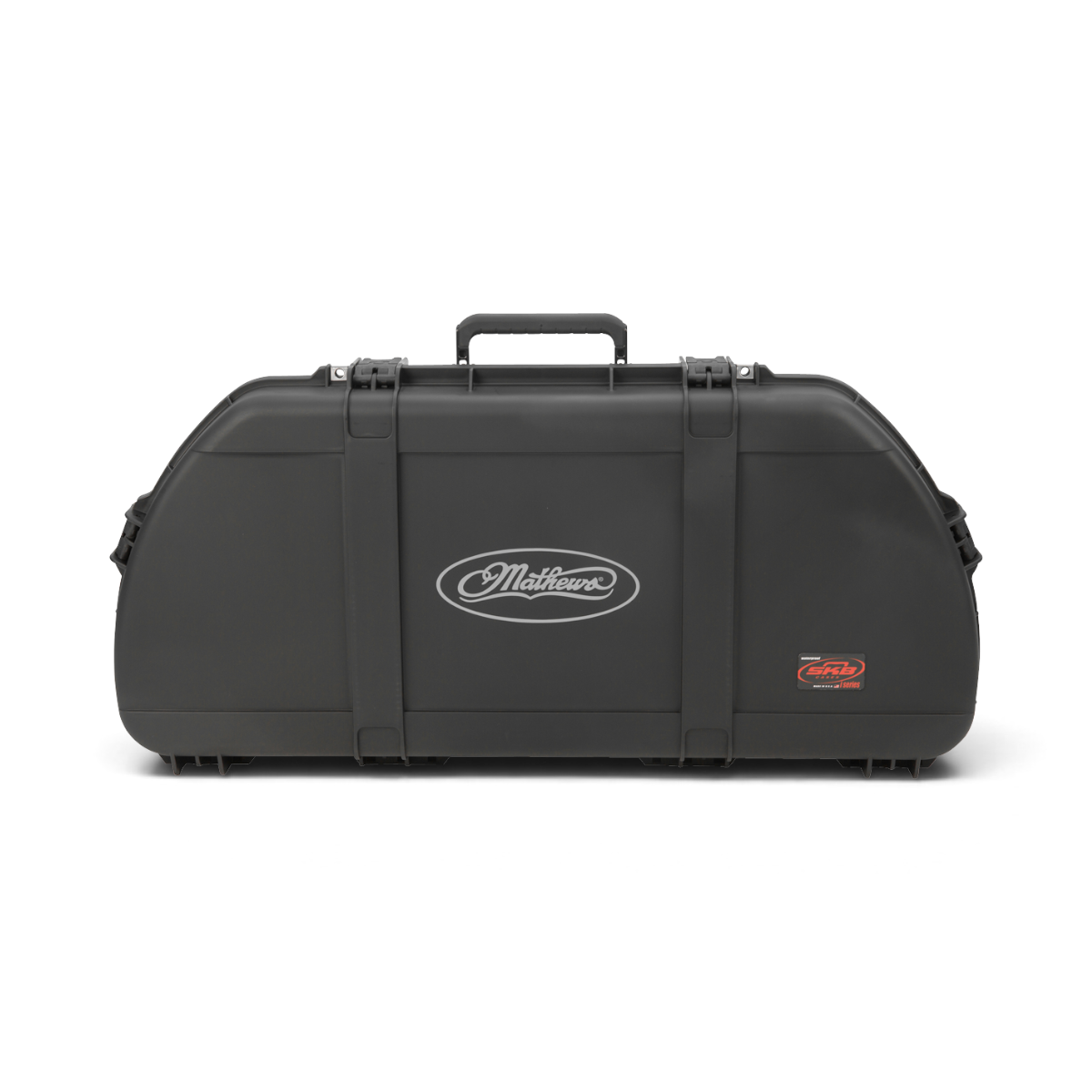 SKB Cases iSeries Mathews shaped waterproof bow case in black with secure latches and custom bow branding.