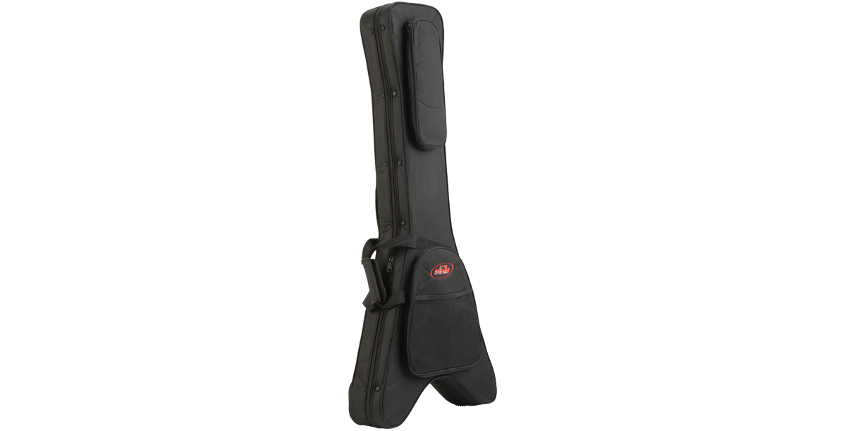 Angled view of Flying V guitar case showing durable zippers and reinforced edges for ultimate protection during travel.