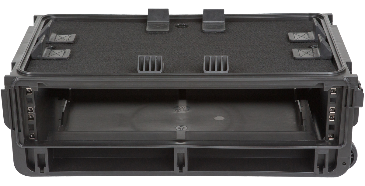 Front view of empty 2U Rack Case, showing molded interior and rack rails for secure gear installation and transport.