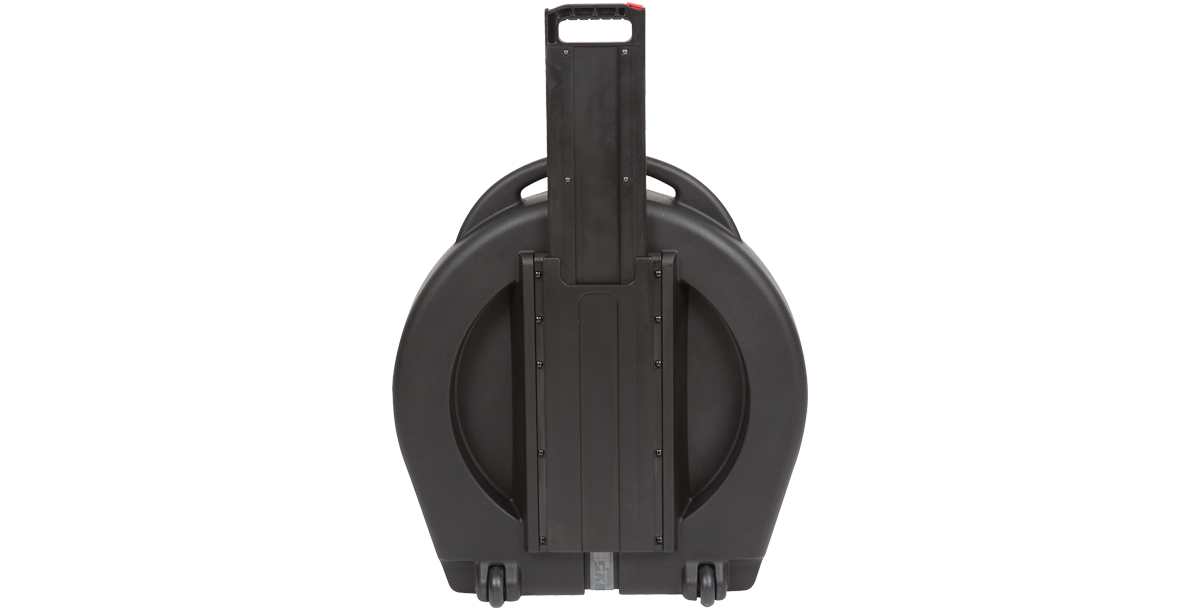 Rolling Cymbal Vault with extended pull handle for easy transport, featuring durable molded construction and smooth-rolling wheels.